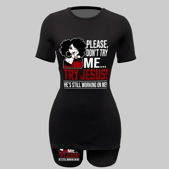 Womens Black / White / Red "Please Don't Try Me, Try Jesus" 2-Piece Shorts Set - Picture 9 of 11